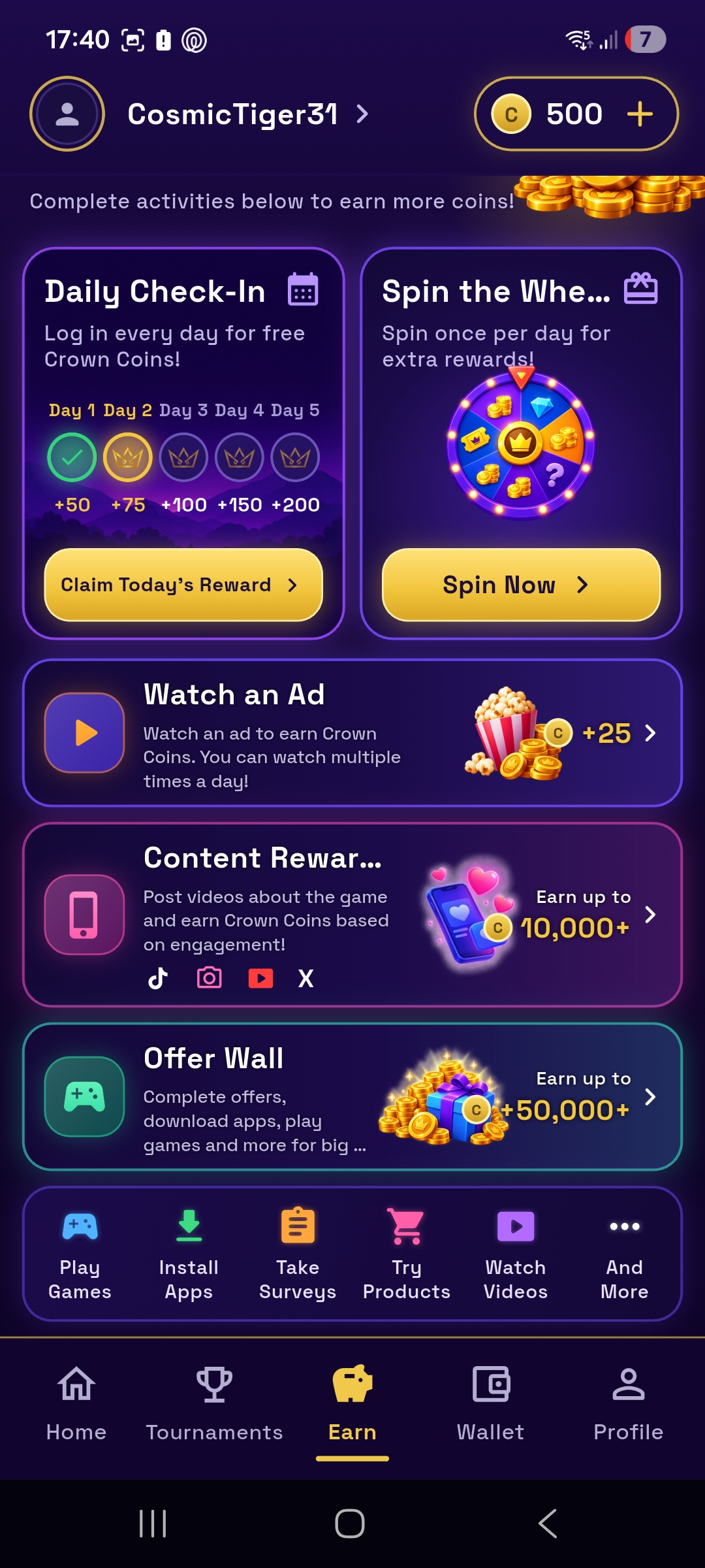 Crown Arcade Earn screen showing the Crown Coins balance, activities, and wallet navigation