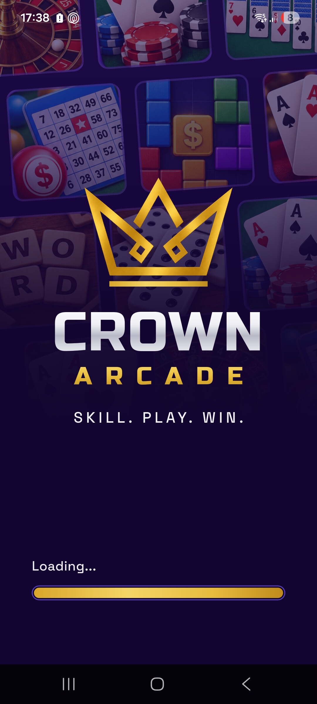 Crown Arcade splash screen showing the crown mark and Skill. Play. Win. positioning